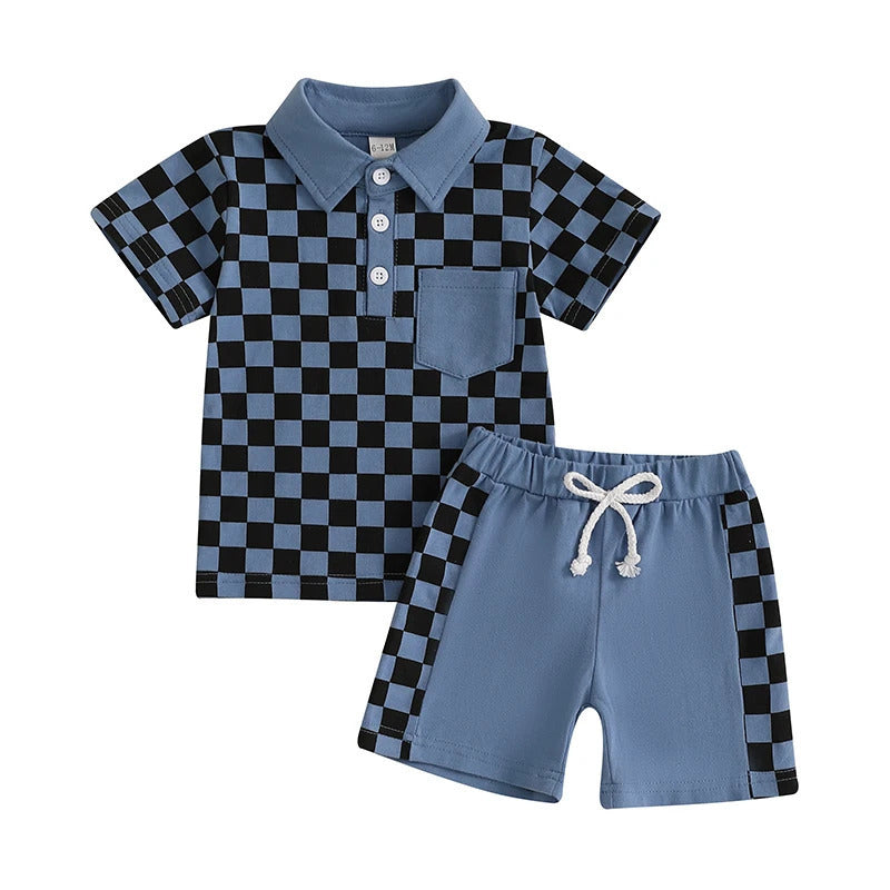 Boys' Lapel Plaid Short Sleeve T-shirt Shorts Set