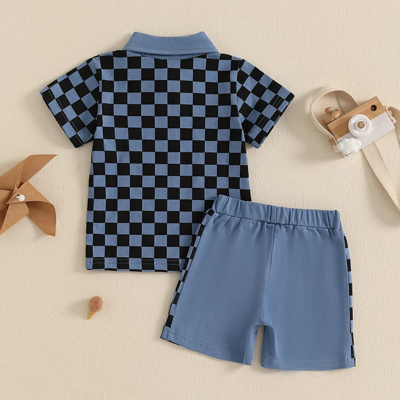 Boys' Lapel Plaid Short Sleeve T-shirt Shorts Set