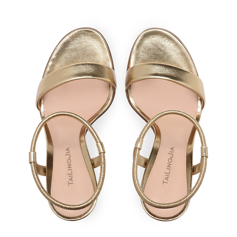 Ladies Gold And Silver PU Round Head Thick High-heel Banquet Summer New Style Sandals
