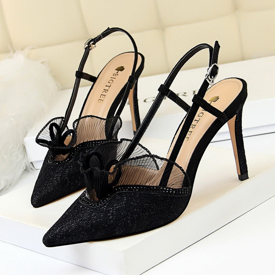 Women's Shoes High Heel Shallow Mouth Pointed Toe Mesh Lace Cutout Strap Sandals