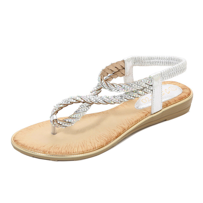 U Shaped Rhinestone Flip Flop Sandals Women Elastic Strap Sequin Sandals