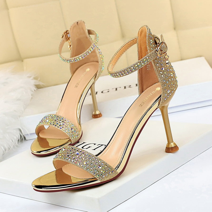 High heel toe rhinestone strap sandals