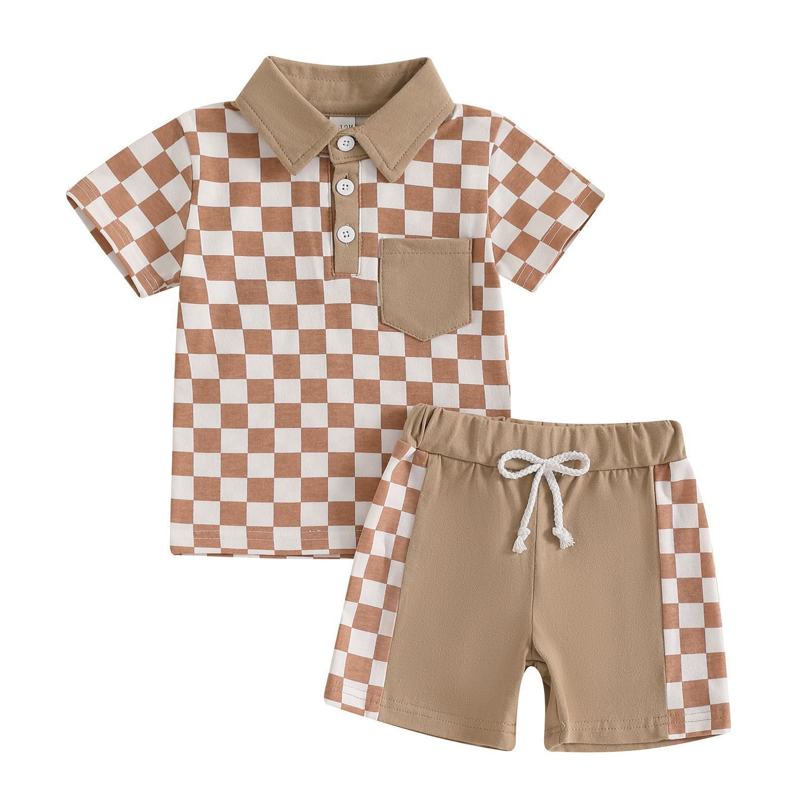 Boys' Lapel Plaid Short Sleeve T-shirt Shorts Set