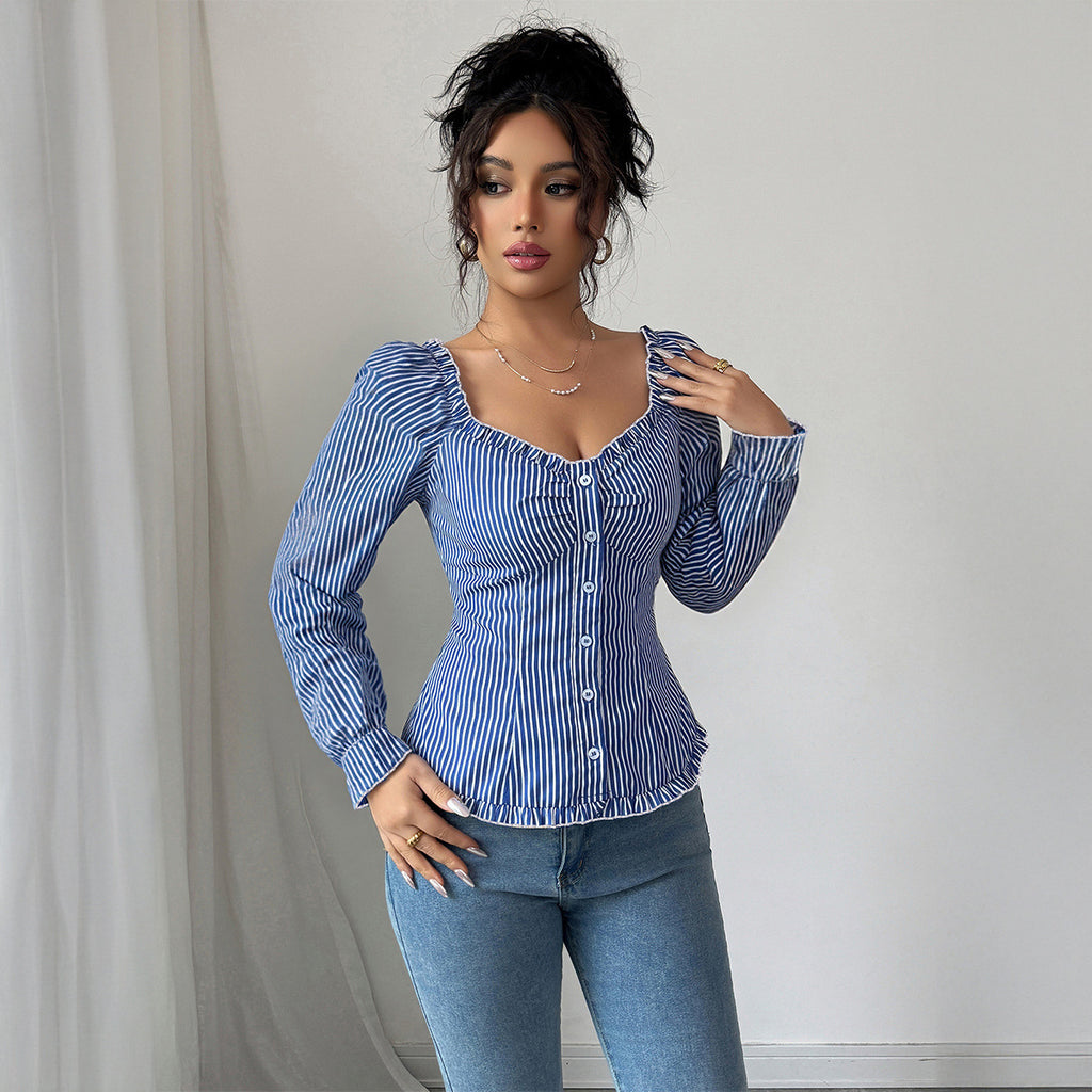 Hot Girl Style Striped Long-sleeved T-shirt Blouse Women