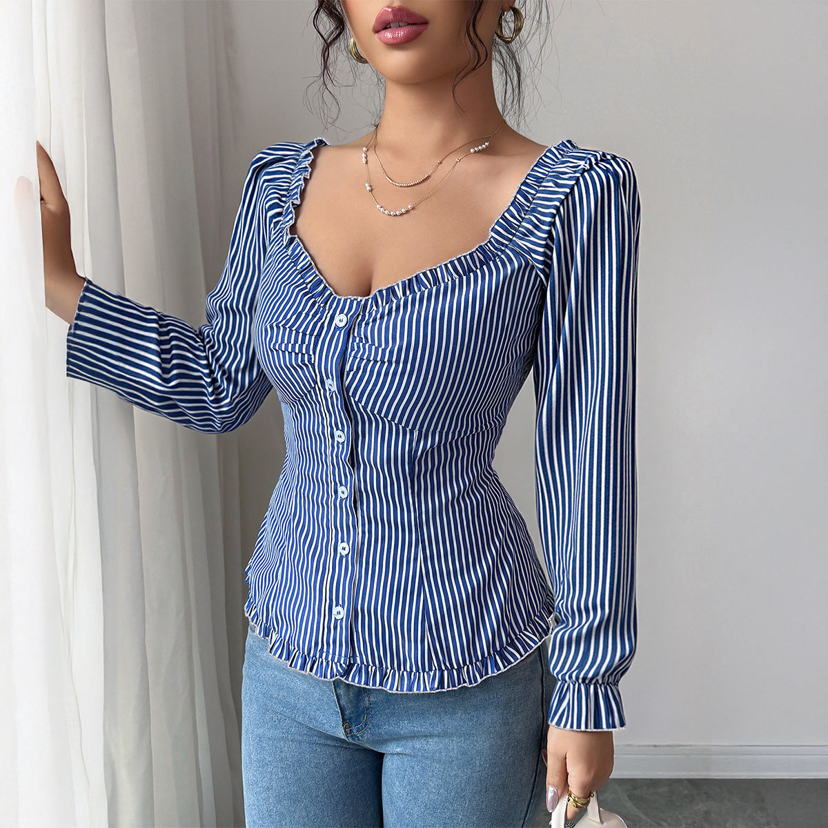Hot Girl Style Striped Long-sleeved T-shirt Blouse Women