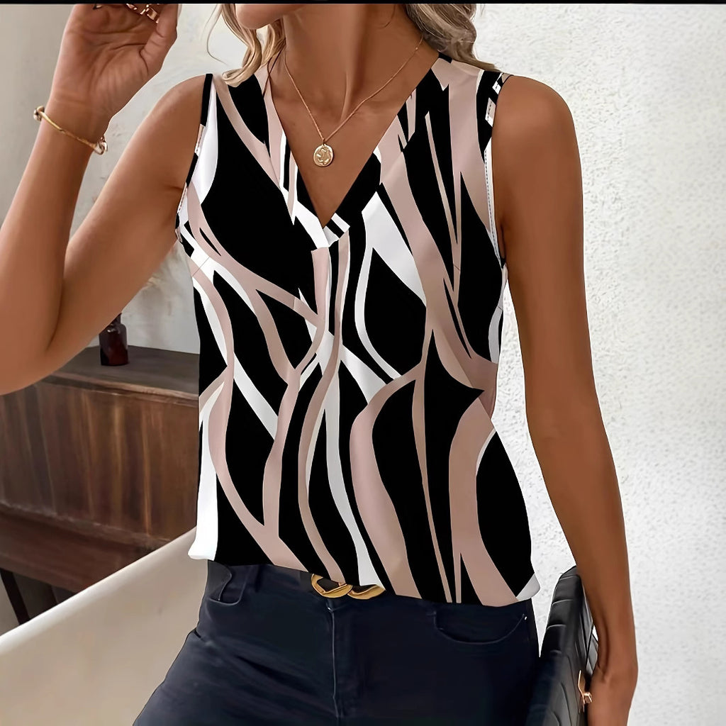 V-neck Sleeveless Shirt With Irregular Line Printed Top