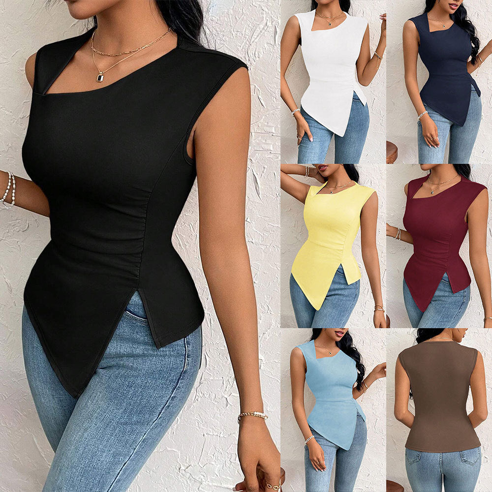 Diagonal Collar Slim-fit Solid Color Short Sleeve Women