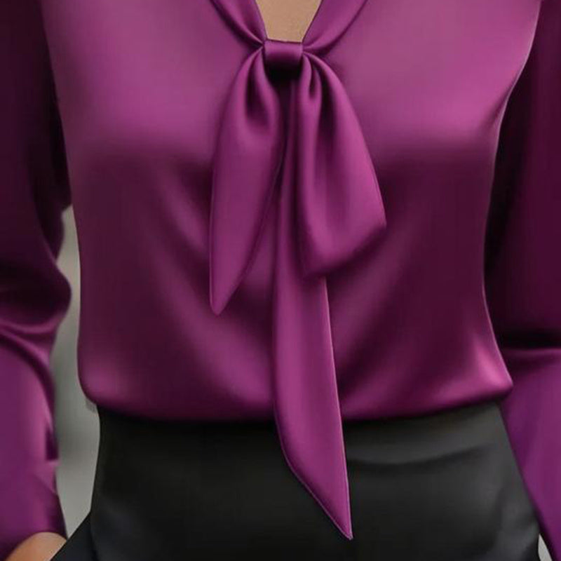 Women's Elegant Satin Blouse, Long Sleeve Button Down Shirt With Ribbon Detail For Office Work