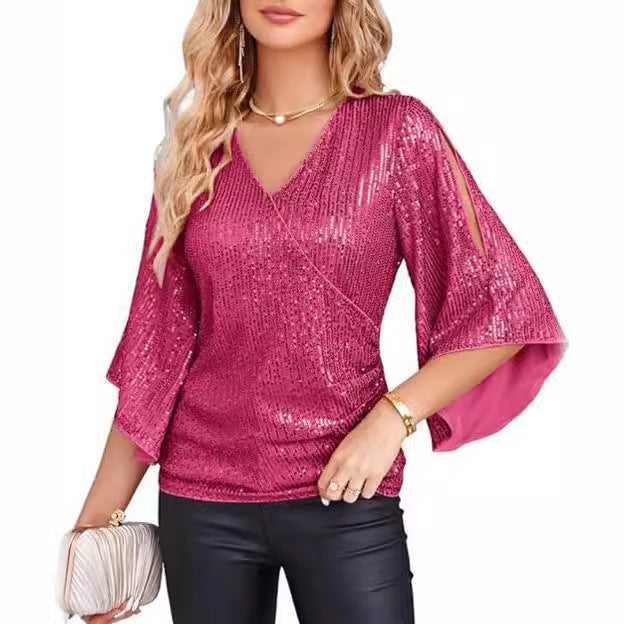 New Women's Sequined Bell Sleeve Top