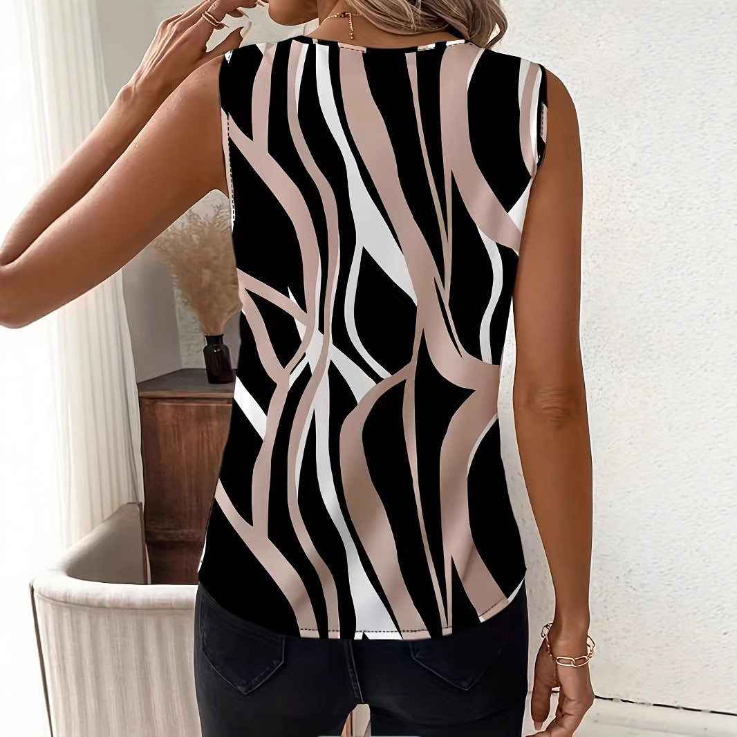 V-neck Sleeveless Shirt With Irregular Line Printed Top