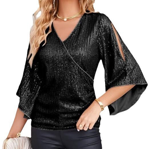 New Women's Sequined Bell Sleeve Top