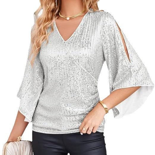 New Women's Sequined Bell Sleeve Top