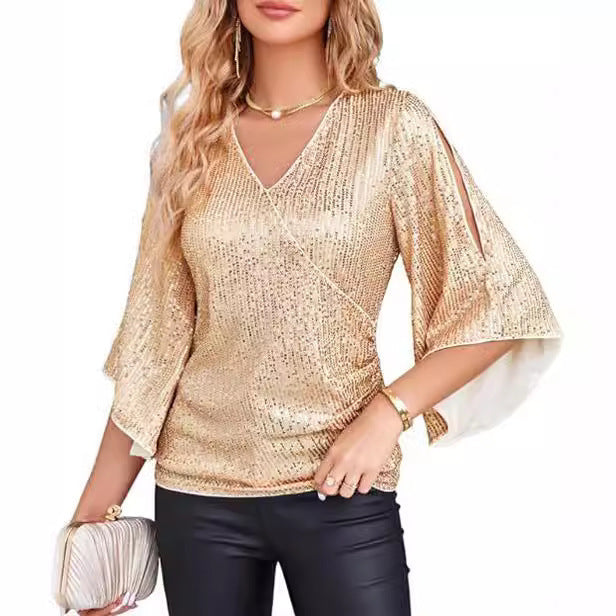 New Women's Sequined Bell Sleeve Top