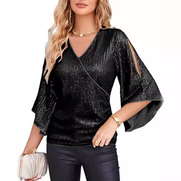 New Women's Sequined Bell Sleeve Top