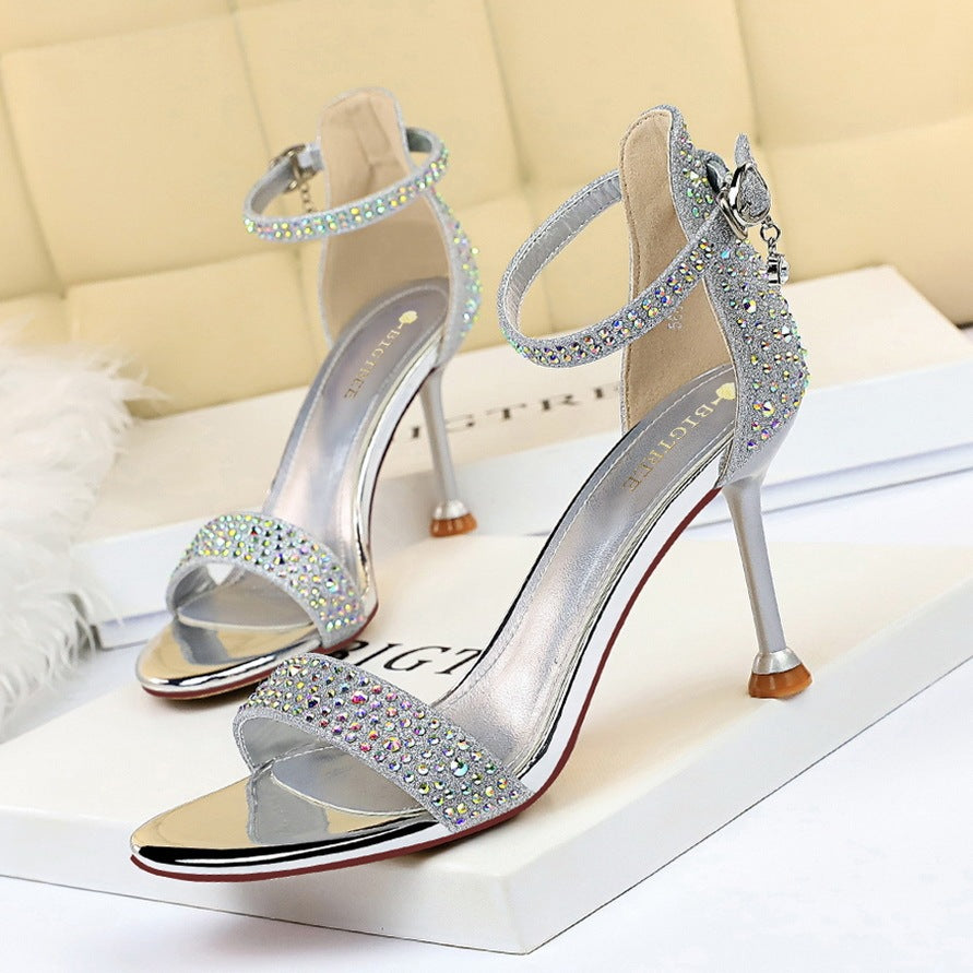 High heel toe rhinestone strap sandals