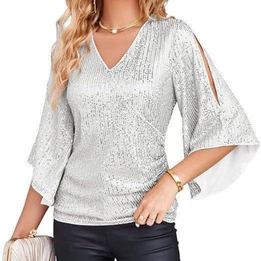 New Women's Sequined Bell Sleeve Top
