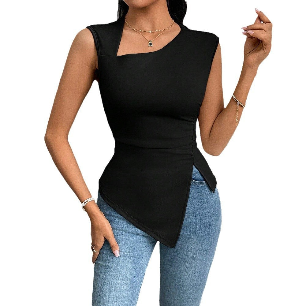 Diagonal Collar Slim-fit Solid Color Short Sleeve Women