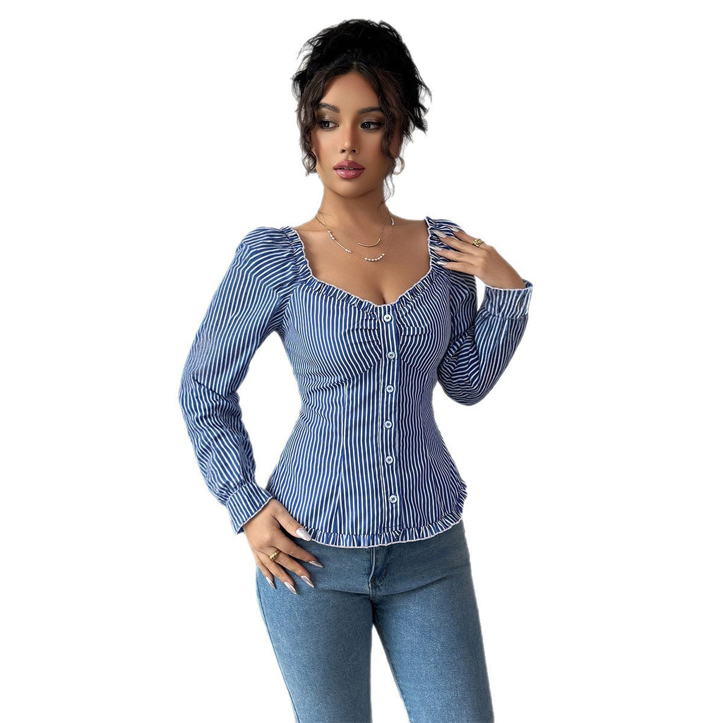 Hot Girl Style Striped Long-sleeved T-shirt Blouse Women