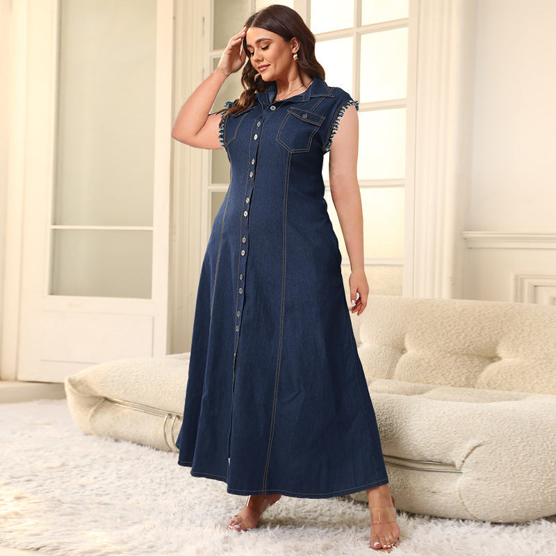 Button Cardigan Denim Long Dress For Women