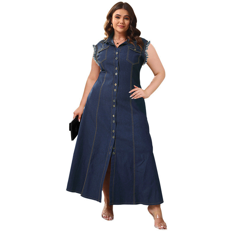 Button Cardigan Denim Long Dress For Women