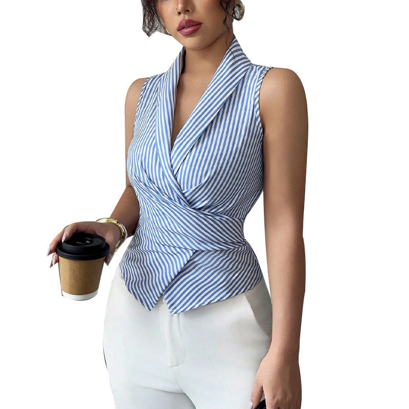 Striped Sleeveless Shirt Lace-up Waist-controlled Slimming Vest Women's Clothing