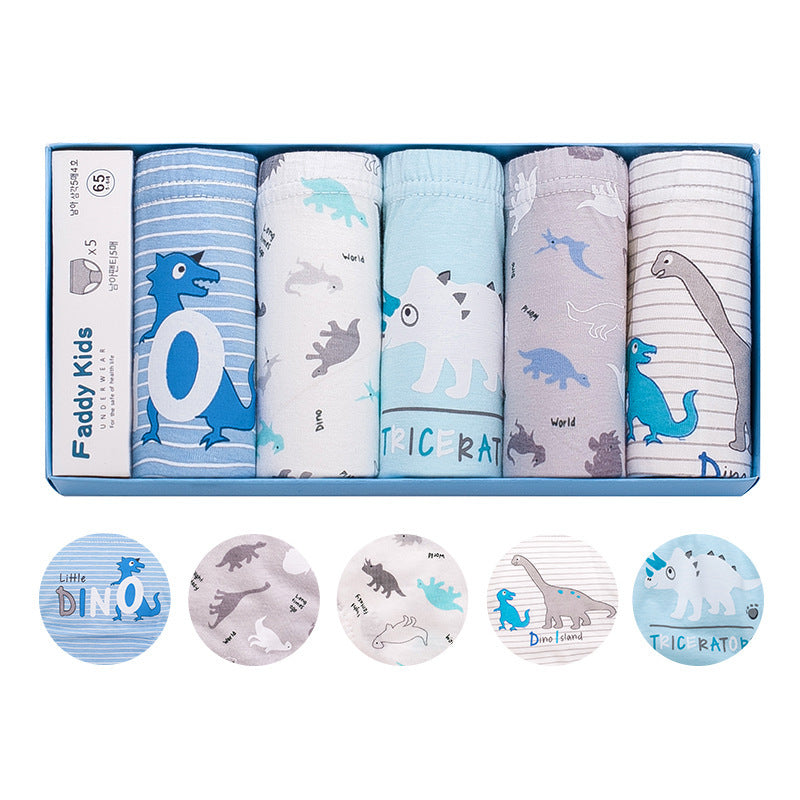 New Children's Underwear Boys' Cotton Triangle Five Boxed Underwear Cartoon Dinosaur Older Children's Underwear