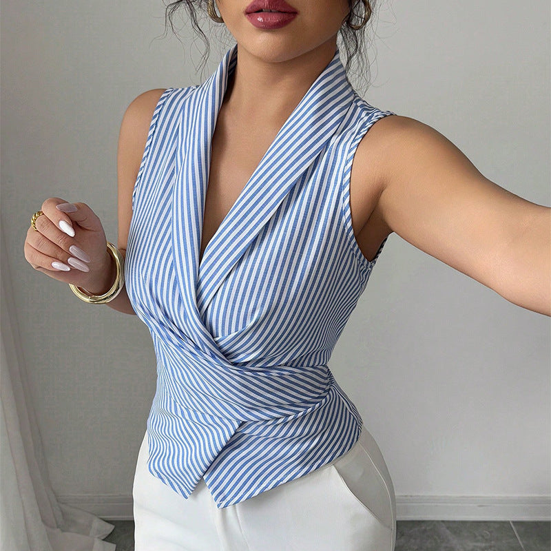 Striped Sleeveless Shirt Lace-up Waist-controlled Slimming Vest Women's Clothing